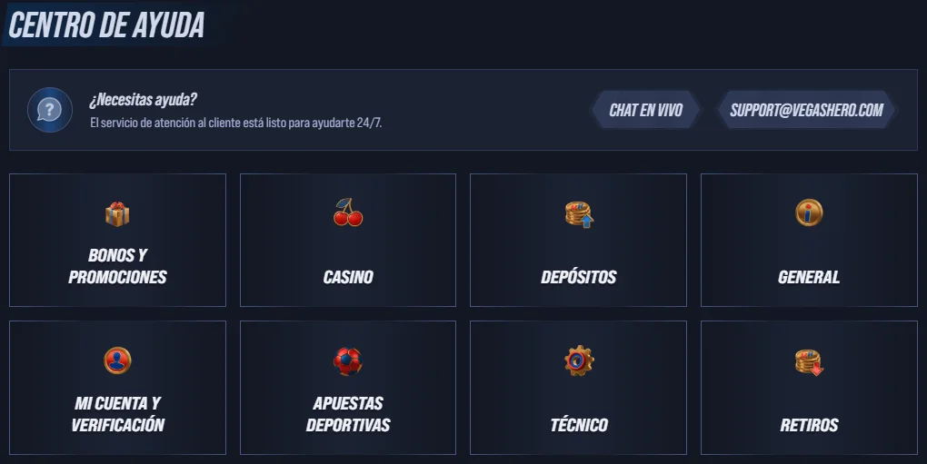 VegasHero Casino Centro de Ayuda VegasHero Casino centro de ayuda con categorías de bonos, depósitos, retiros y soporte