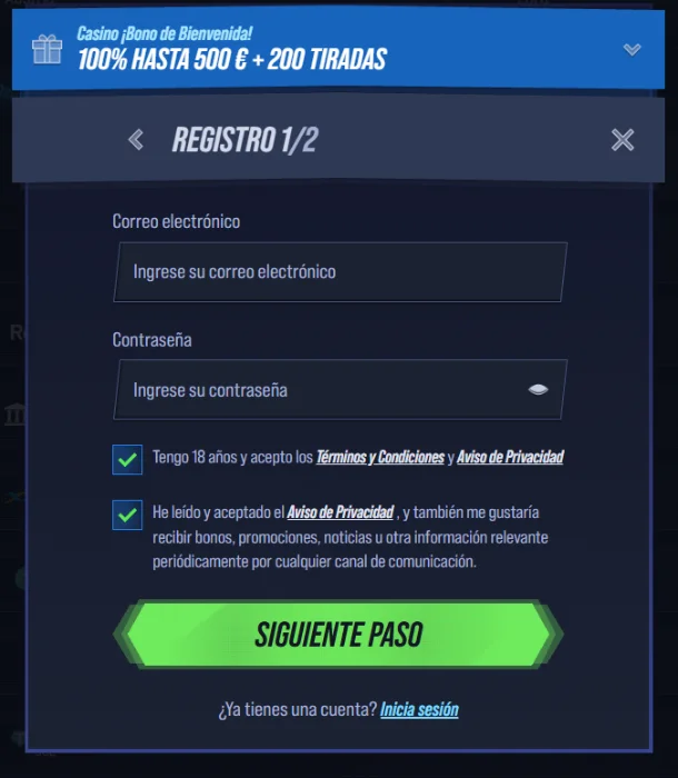 VegasHero Casino Registro VegasHero Casino formulario de registro con bono de bienvenida del 100% hasta 500€